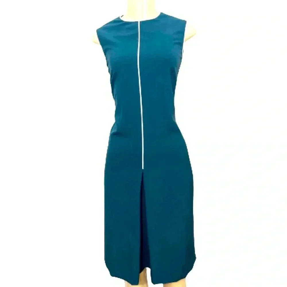 ANNE KLEIN MIDI SHEATG DRESS TEAL‎ GREEN SLEEVELESS PLEATED SIZE 8 MEDIUM